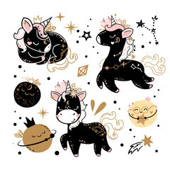 Cute three little black unicorn and planet in boho style collection. Baby shower or poster for nursery or kids room,T-shirt design. Vector illustration