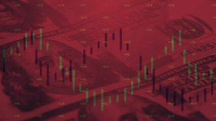 Poster - Computer graphics on the background of paper bills of 100 US dollars moving Japanese candlestick charts and digital indices. Currency exchange person to person. Blockchain.