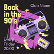 Back to the nineties. Party banner with tape recorder and cassette. Retro illustration