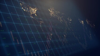 Poster - Computer graphics on the background of a night map of the world with an angle view are moving charts from Japanese candlesticks and digital indices. Blockchain.