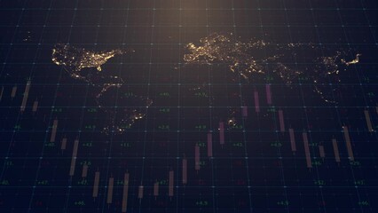 Poster - Computer graphics on the background of the world map with the highlighting of more populated areas are moving charts from Japanese candlesticks and digital indices. Currency exchange person to person.