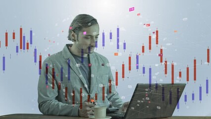 Poster - Computer graphics on the background of a man of Asian Arab appearance working on a laptop, red and blue graphics from Chinese candles are moving. Currency exchange person to person.