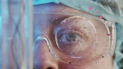 Computer graphics on the background of the laboratory assistant face rotates a schematic globe. The focus shifts to test tubes in one of which the schematic DNA rotates. Research concept.