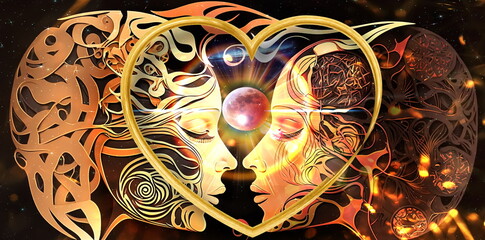 Wall Mural - esoteric love psychedelic world earth and sun light flares on cosmic space wan with girl silhouette 