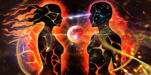 Wall Mural - esoteric love psychedelic world earth and sun light flares on cosmic space wan with girl silhouette 