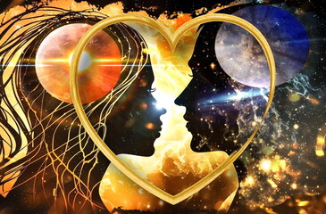 Wall Mural - esoteric love psychedelic world earth and sun light flares on cosmic space wan with girl silhouette 
