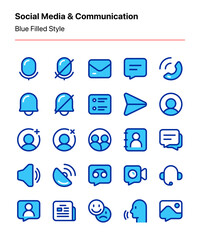 Wall Mural - Customizable set of social media and communication icons covering text, audio, and video communication, contacts, and notifications. Perfect for apps, websites, presentations, and other projects