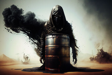 Wall Mural - concept of grim reaper emerging from oil barrel