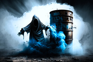 Wall Mural - concept of grim reaper emerging from oil barrel
