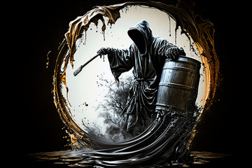 Wall Mural - concept of grim reaper emerging from oil barrel