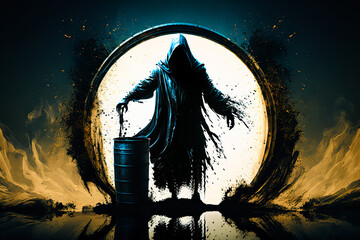 Wall Mural - concept of grim reaper emerging from oil barrel