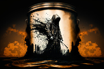 Wall Mural - concept of grim reaper emerging from oil barrel