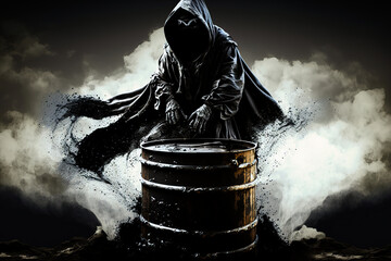 Wall Mural - concept of grim reaper emerging from oil barrel