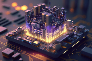 Smart city on circuit board, concept for future technology, internet of things smart grid, generative ai
