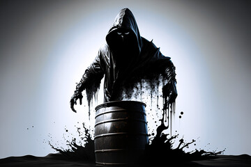 Wall Mural - concept of grim reaper emerging from oil barrel