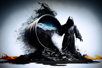 Wall Mural - concept of grim reaper emerging from oil barrel