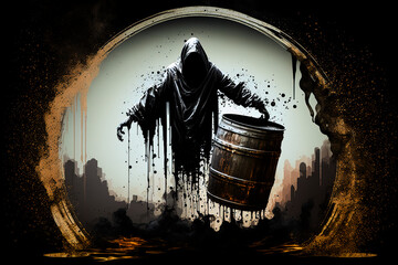 Wall Mural - concept of grim reaper emerging from oil barrel