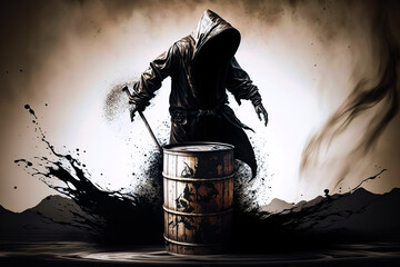 Wall Mural - concept of grim reaper emerging from oil barrel