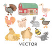 Farm Animals, birds and Barn, vector collection isolated over white