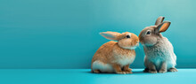 Cute Easter Bunnies Sit Opposite Each Other. Love And Kiss. On A Blue Screen. Ai Generative