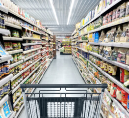 empty grocery cart in an empty supermarket