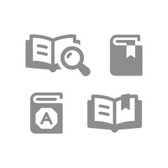 Wall Mural - Book, open and textbook vector icon set. Dictionary, magnifying glass and bookmark icons.