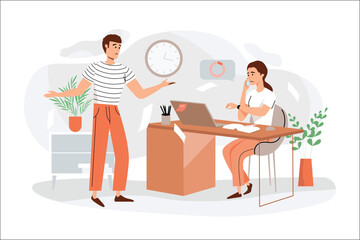 Aufkleber - Deadline orange concept with people scene in the flat cartoon design. Manager requires the employee to quickly complete tasks. Vector illustration.