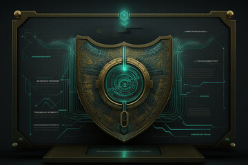 Poster - SecureNet technology background with a shield, Generative AI