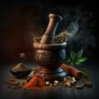 spices in a mortar and pestle,fantasy ,nice effect, powder color kitchen cook Generative AI 