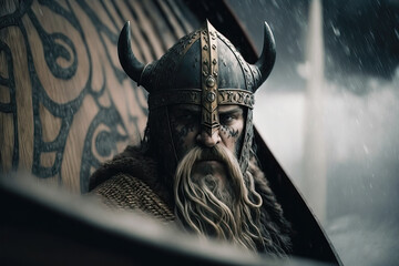 Illustration of handsome strong and muscular Viking warrior. Historical Viking culture concept. Generative AI	
