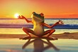 frog practicing yoga on the beach at sunset illustration generative ai