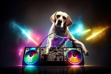 Wall Mural - Cool dog dj works at the dj console. AI generated.