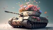 A tank that disperses blooms as a symbol of peace.