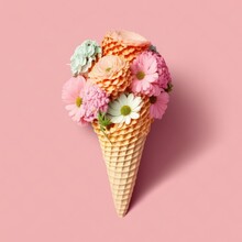 A Waffle Cone With A Lovely Bouquet Of Flowers On A Pink Background.