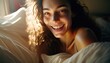 A beautiful smiling woman close up in bed generative ai