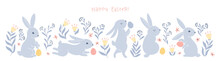 Vintage Collection For Easter With Hares Rabbits With Dotted Easter Eggs In A Folk Style With Fantastic Flowers. Cartoon Cute Animals In Hand-drawn Doodle Style. Limited Pastel Palette. Vector.