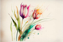 Tulips Watercolor, Postcard Or Invitation Poster On The Wall Ai Generative