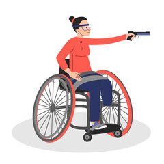 Female person in a wheelchair shooting vector isolated. Character with disability participating in paralympic games. Woman holding pistol.