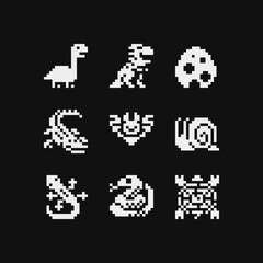 Poster - amphibious animals pixel art icon set dinosaur, crocodile, bat, snail, gecko, snake, turtle. sticker