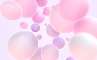 3D abstract background with geometric spheres in pastel colors. Poster with flying pink purple balls with gradient texture on lilac backdrop. Modern wallpaper with 3d shapes, pattern