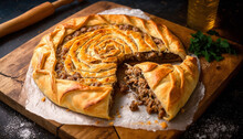 Meat-filled Burek, Pastry With Minced Beef And Vegetables, A Traditional Pastry Dish From The Balkans, Middle, And Near East