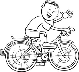 Wall Mural - cartoon boy character riding a bicycle coloring page