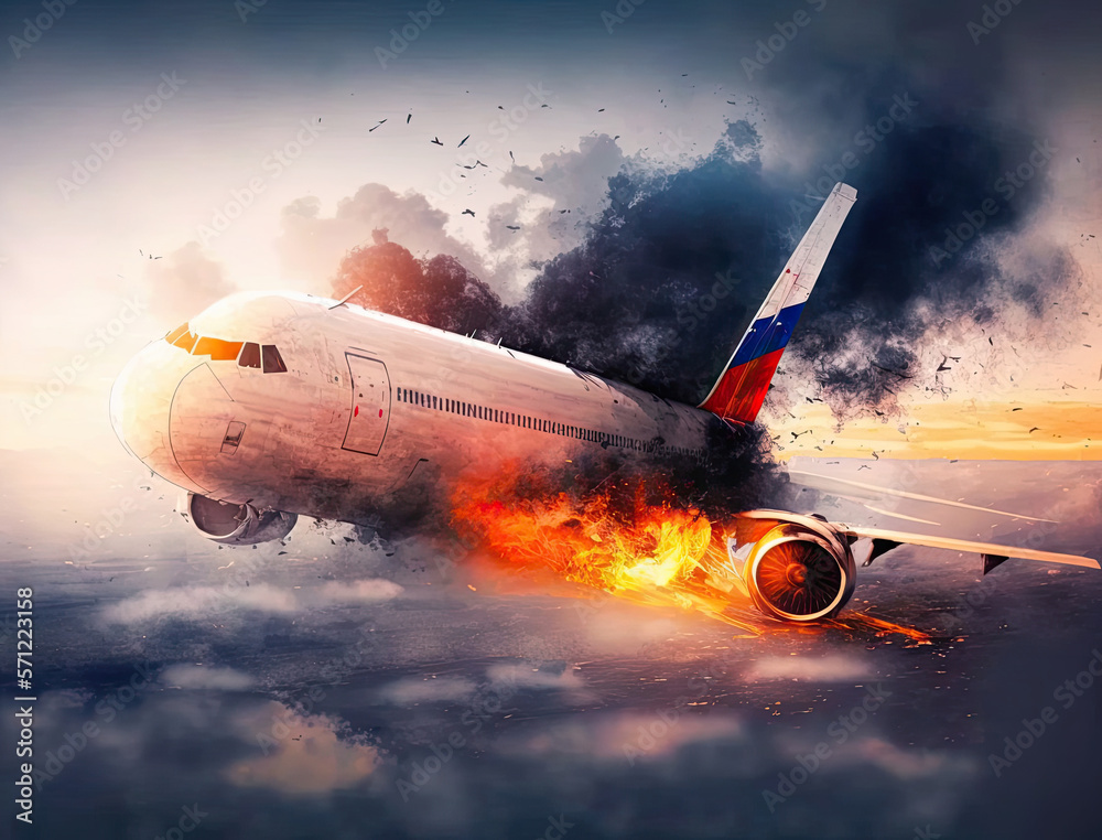 Russian plane crash in dramatic sunset sky, burning airplane engine ...