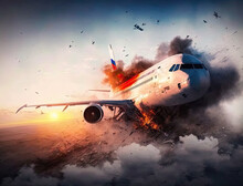 Russian Plane Crash In Dramatic Sunset Sky, Burning Airplane Engine Falling Down, Russian Aircraft Emergency Landing. Collapse Of Russian Aircraft, Air Plane Aviation Incident, Generative AI