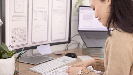 Poster - Woman, developer and wireframes with technology in design, planning or strategy at the office. Creative female designer working with layouts by computer for app development or project plan at work