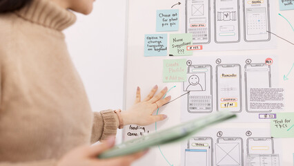 Poster - Ux, presentation and design with woman and planning in meeting for idea, developer or technology. Software engineering, creative and phone ui with employee in office for it strategy, chart or website