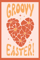 Wall Mural - Easter retro nostalgic poster. Flower Heart from daisy flowers Power. Vector Illustration retro groovy pattern with hand drawn chamomile flowers. Aesthetic modern art. Hippie 60s, 70s, 80s style.