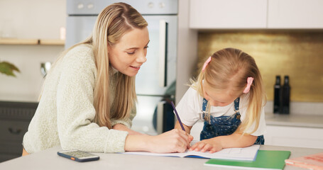 Poster - Education, mother and learning child writing or drawing for kindergarten school homework or project in a house. Support, development and mama helping or working with a smart and creative girl student