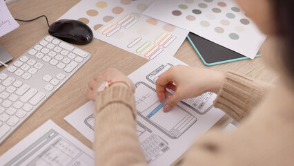 Poster - Phone, app and planning with the hands of a woman in business working on software development in her office. Design, creative and strategy with a female employee at work on a smartphone application