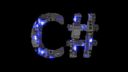 Poster - scrap metal cyberpunk text C# with electrical light and animated surface, isolated - loop video